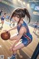 A girl in a blue and red uniform holding a basketball.