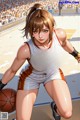 A woman in a basketball uniform holding a basketball on a court.