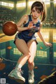 A woman in a blue uniform holding a basketball on a court.