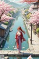 A woman with long red hair stands by a canal, holding a sword, surrounded by cherry blossoms and traditional architecture.