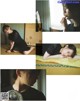 A collage of photos of a woman laying on a bed.